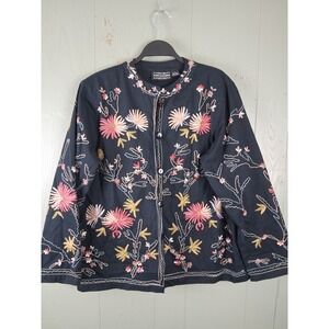 VINTAGE Ikon Clothing Embroidered Boho‎ Floral Jacket Large Navy Asian Inspired